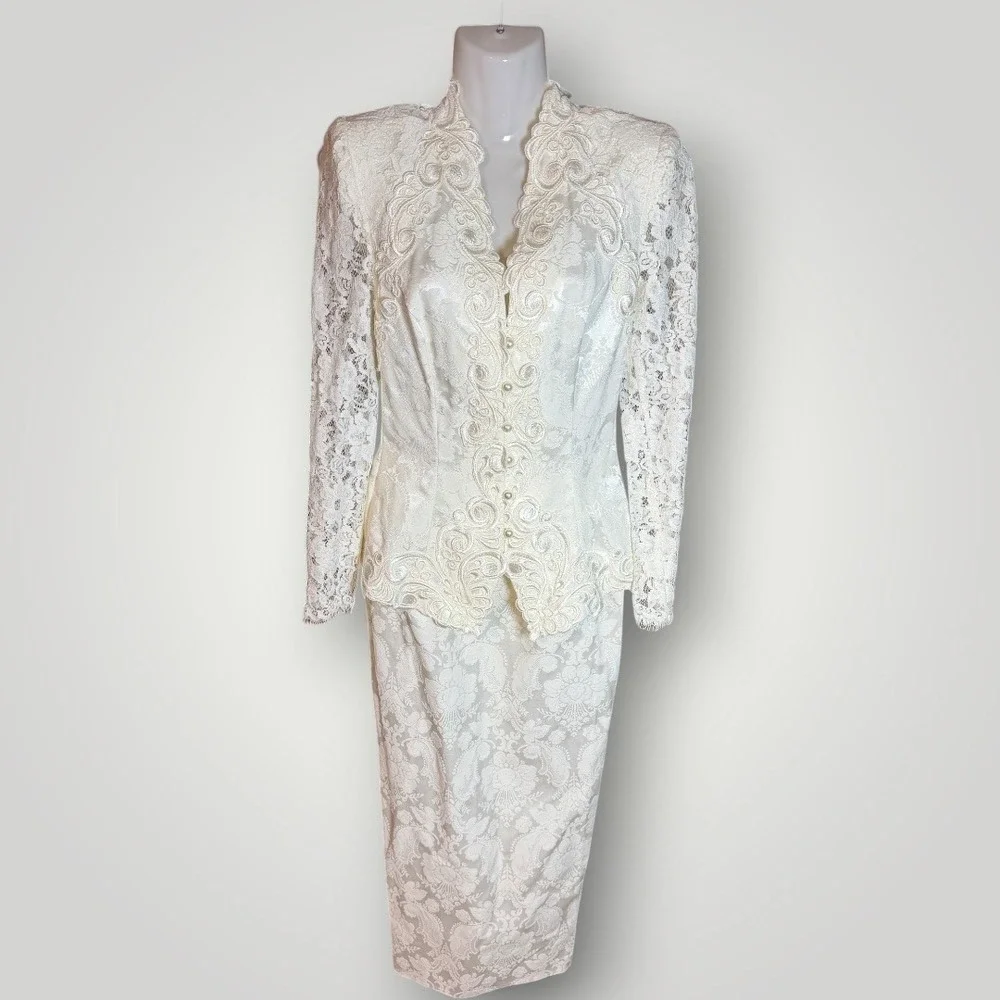 Scott McClintock Vtg Ivory Damask Lace Skirt Suit Set 2pc Wedding‎ Formal 6